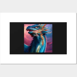Intricate Rainbow Blue Scaled Dragon at Sunset Posters and Art